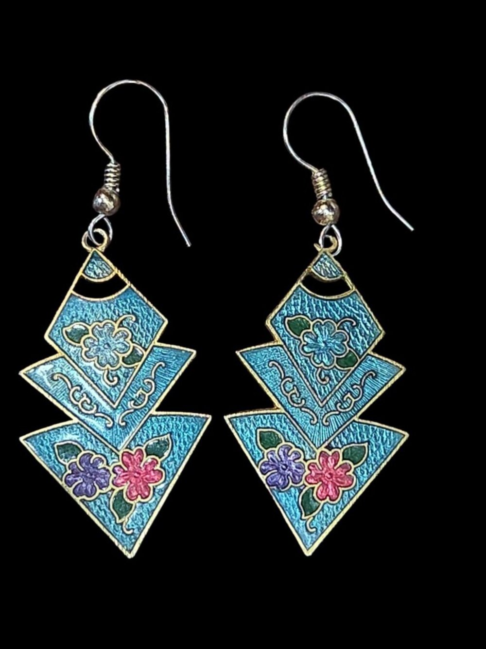 Vtg Zig-Zag Pyramid Floral Cloisonné Dangling Earrings 1980's Teal & Gold Tone - Picture 8 of 12